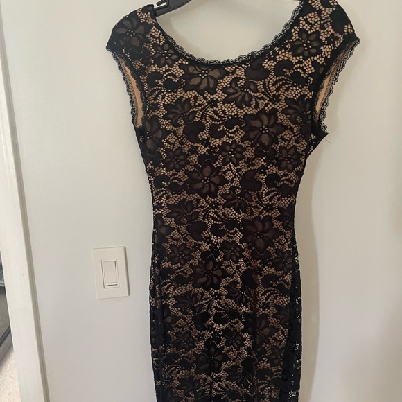 Tan dress with black lace overlay. Worn twice! Deep V cut out in the back. - Picture 1 of 2